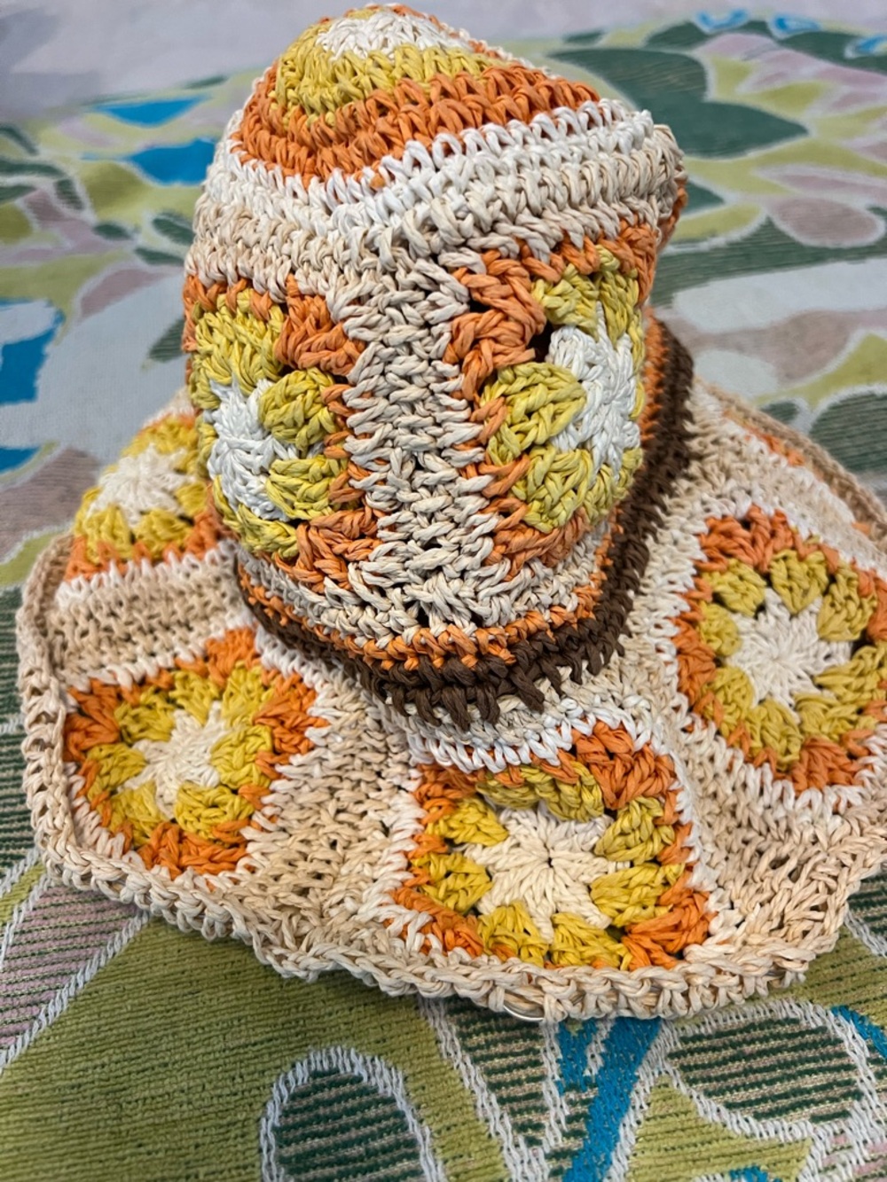 Steve Madden Crochet Sun Hat in Orange, Yellow & Cream